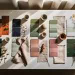 A clean, elegant flat-lay color palette presentation on a white background: 5 vertical color palette strips arranged side by side, each strip containing 4 stacked paint color swatches. Palette 1: terracotta to warm sand gradient tones. Palette 2: deep navy to soft sky blue. Palette 3: sage green to pale linen. Palette 4: dusty rose to warm grey. Palette 5: forest green to cream. Each palette strip is slightly rounded, with subtle texture. A few small ceramic objects and fabric swatches nearby. Overhead flat-lay angle. Minimal, modern graphic design aesthetic, editorial magazine style. Very clean white background. No text, no labels. Photorealistic product photography style.