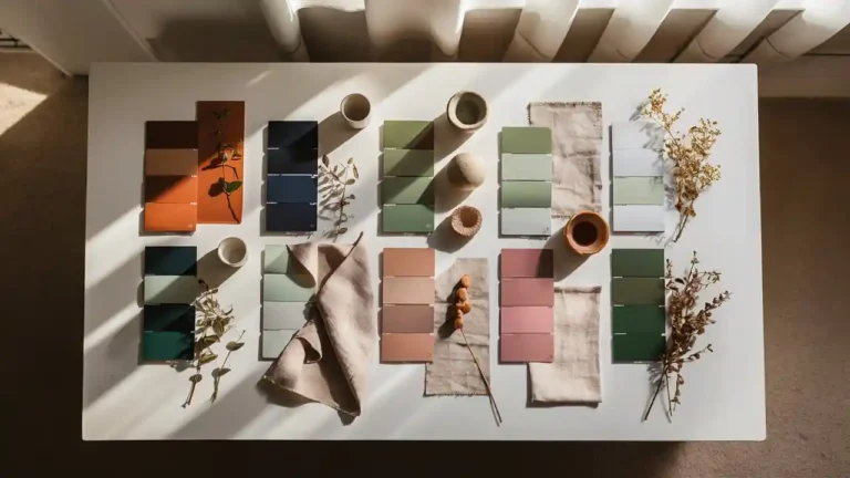 A clean, elegant flat-lay color palette presentation on a white background: 5 vertical color palette strips arranged side by side, each strip containing 4 stacked paint color swatches. Palette 1: terracotta to warm sand gradient tones. Palette 2: deep navy to soft sky blue. Palette 3: sage green to pale linen. Palette 4: dusty rose to warm grey. Palette 5: forest green to cream. Each palette strip is slightly rounded, with subtle texture. A few small ceramic objects and fabric swatches nearby. Overhead flat-lay angle. Minimal, modern graphic design aesthetic, editorial magazine style. Very clean white background. No text, no labels. Photorealistic product photography style.