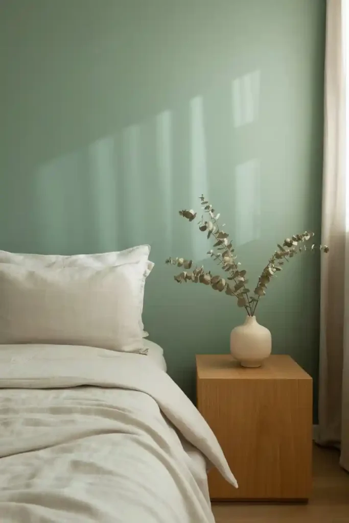 Serene Scandinavian bedroom with sage green walls, white linen bedding, natural oak nightstand, and dried eucalyptus branches — calm and nature-inspired color palette idea