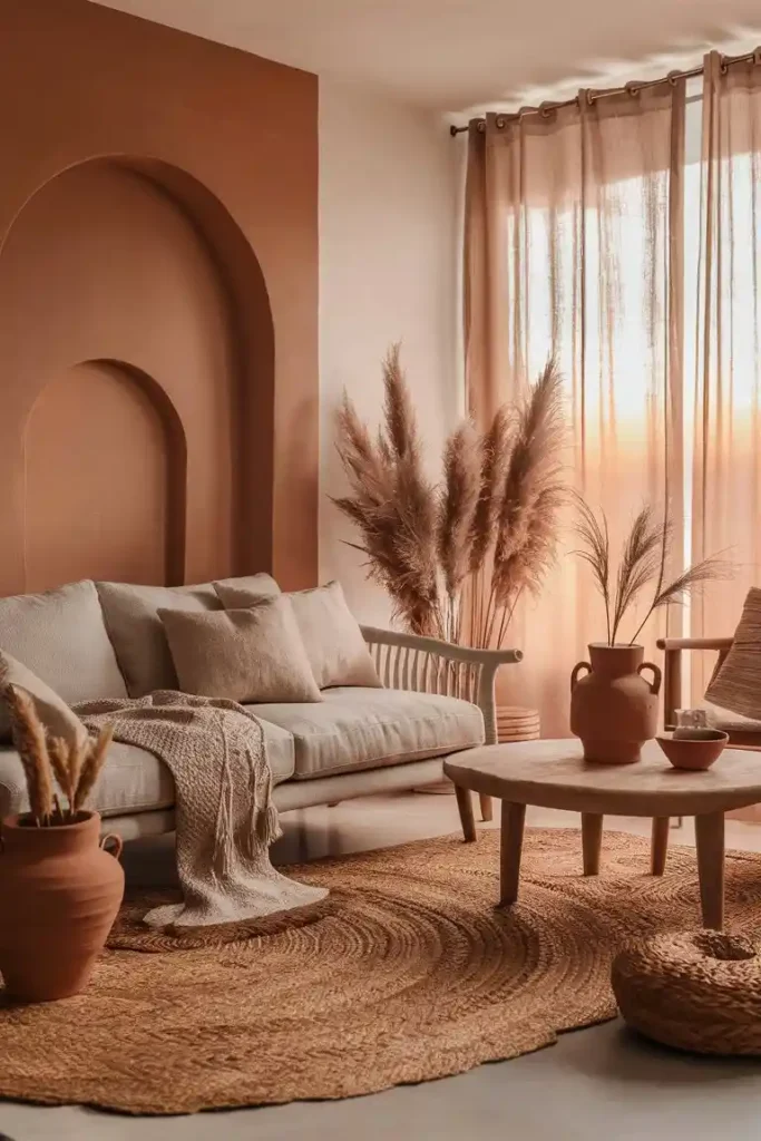Cozy boho living room with terracotta accent wall, warm sand linen sofa, woven jute rug, and ceramic vases — earthy home color palette inspiration for 2026