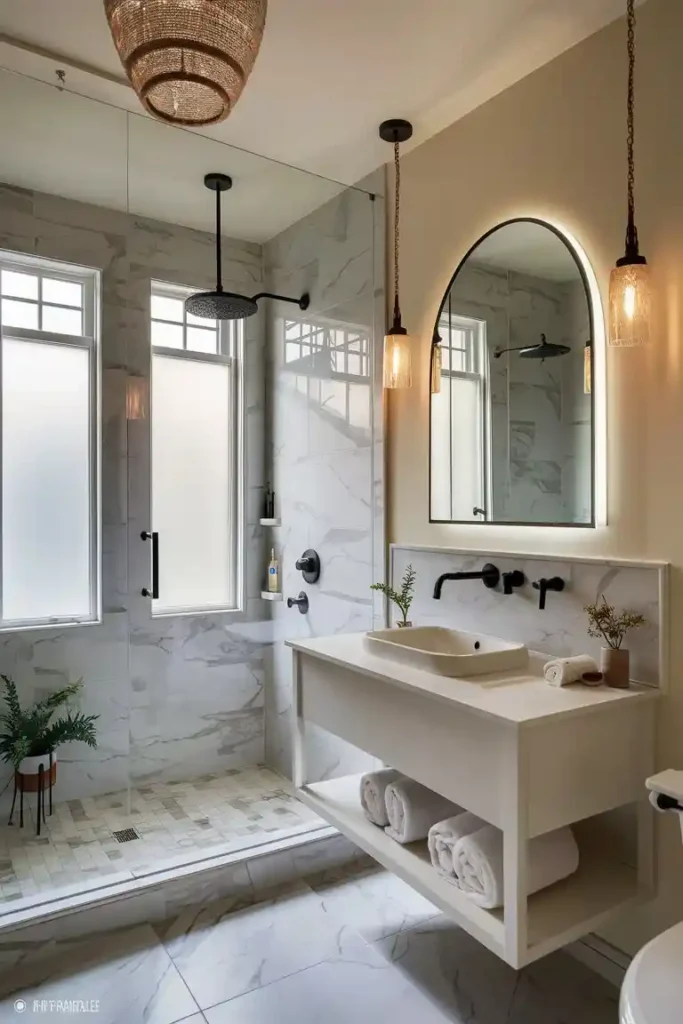 Walk-in shower with large format greige porcelain tiles installed vertically, dark contrasting grout, matte black rainfall showerhead, built-in tile niche with small plant, and frameless glass door
