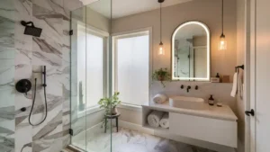 Modern renovated bathroom with large format marble-look tiles in shower, matte black fixtures, floating white vanity, arched backlit mirror, and open shelving with rolled linen towels — high-end bathroom on a budget