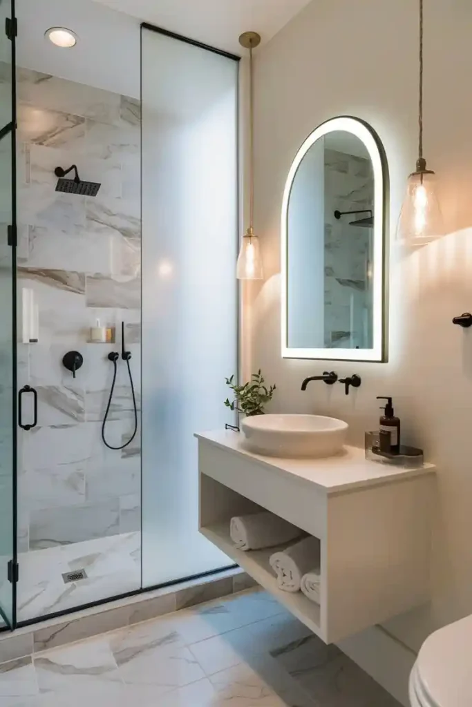 Bathroom with white shaker-style wainscoting panels on lower walls, warm white paint above, matte black fixtures and towel bar, round mirror above white vanity, and eucalyptus plant
