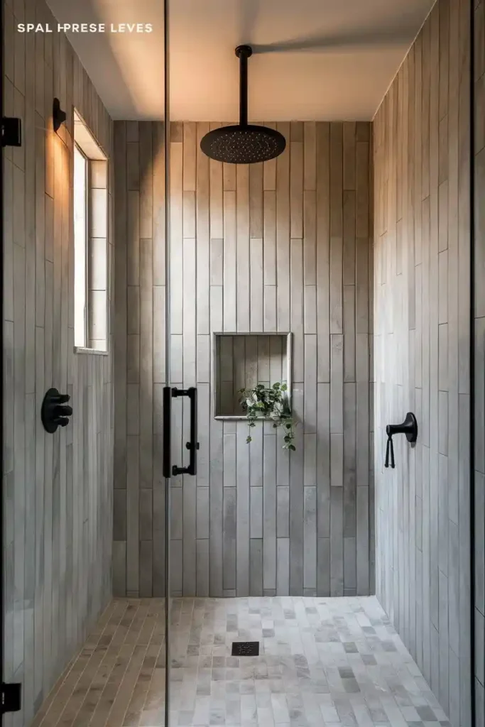 Elegant bathroom vanity with white marble countertop, matte black waterfall faucet, large arched mirror with black wall sconces, rolled linen towels, and apothecary jars
