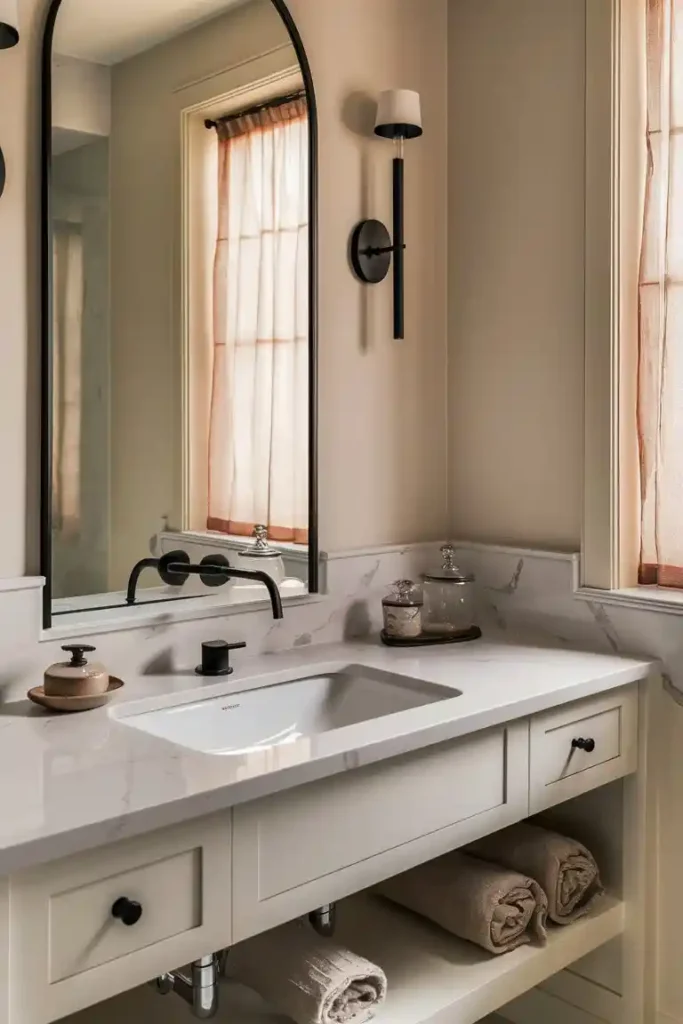 Bathroom weekend makeover checklist infographic showing 6 budget updates including recaulking shower, painting walls, teak bath mat, adding plants, open shelving, and rolled towels
