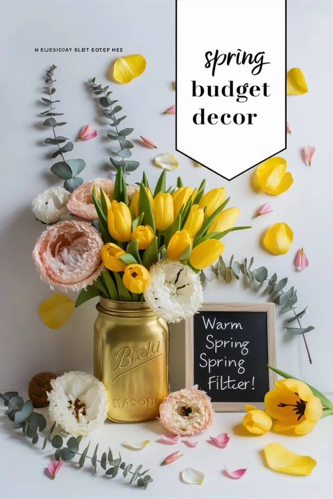 Spring budget decor flat-lay showing fresh yellow tulips in a mason jar, handmade coffee filter flowers in blush pink, a small spring chalkboard, and dried eucalyptus on white surface
