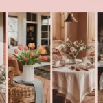 Collage of four spring-decorated home spaces for 2026: spring porch with tulips and wreath, living room with fresh flowers, spring tablescape with linen and candles, and bright spring bedroom