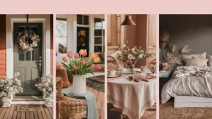 Collage of four spring-decorated home spaces for 2026: spring porch with tulips and wreath, living room with fresh flowers, spring tablescape with linen and candles, and bright spring bedroom