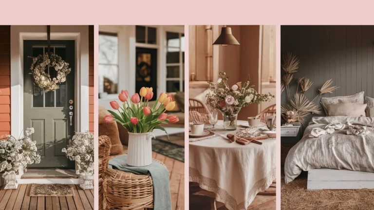 Collage of four spring-decorated home spaces for 2026: spring porch with tulips and wreath, living room with fresh flowers, spring tablescape with linen and candles, and bright spring bedroom