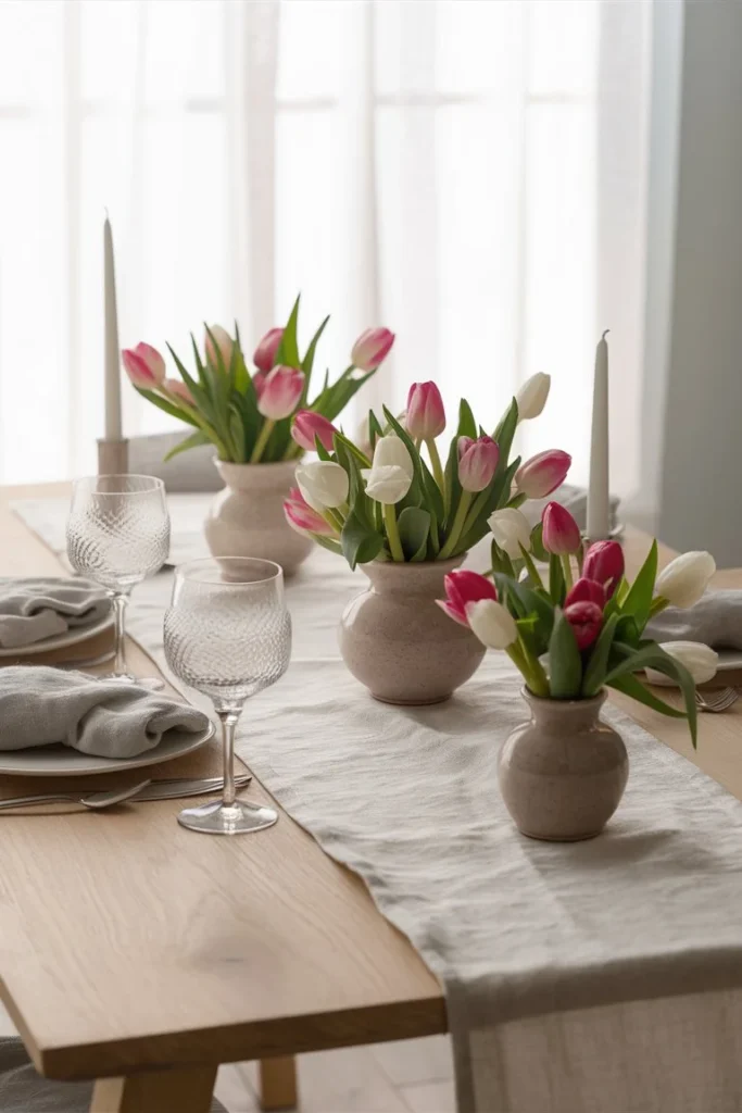 Elegant spring dining tablescape with white linen runner, three ceramic bud vases holding pink and white tulips, soft linen napkins, and taper candles on a natural oak table
