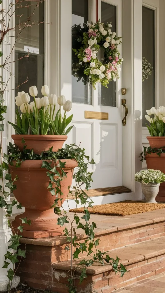 Welcoming spring front porch with terracotta planters filled with white tulips, a handmade spring wreath on the white front door, and a natural fiber doormat in warm afternoon light
